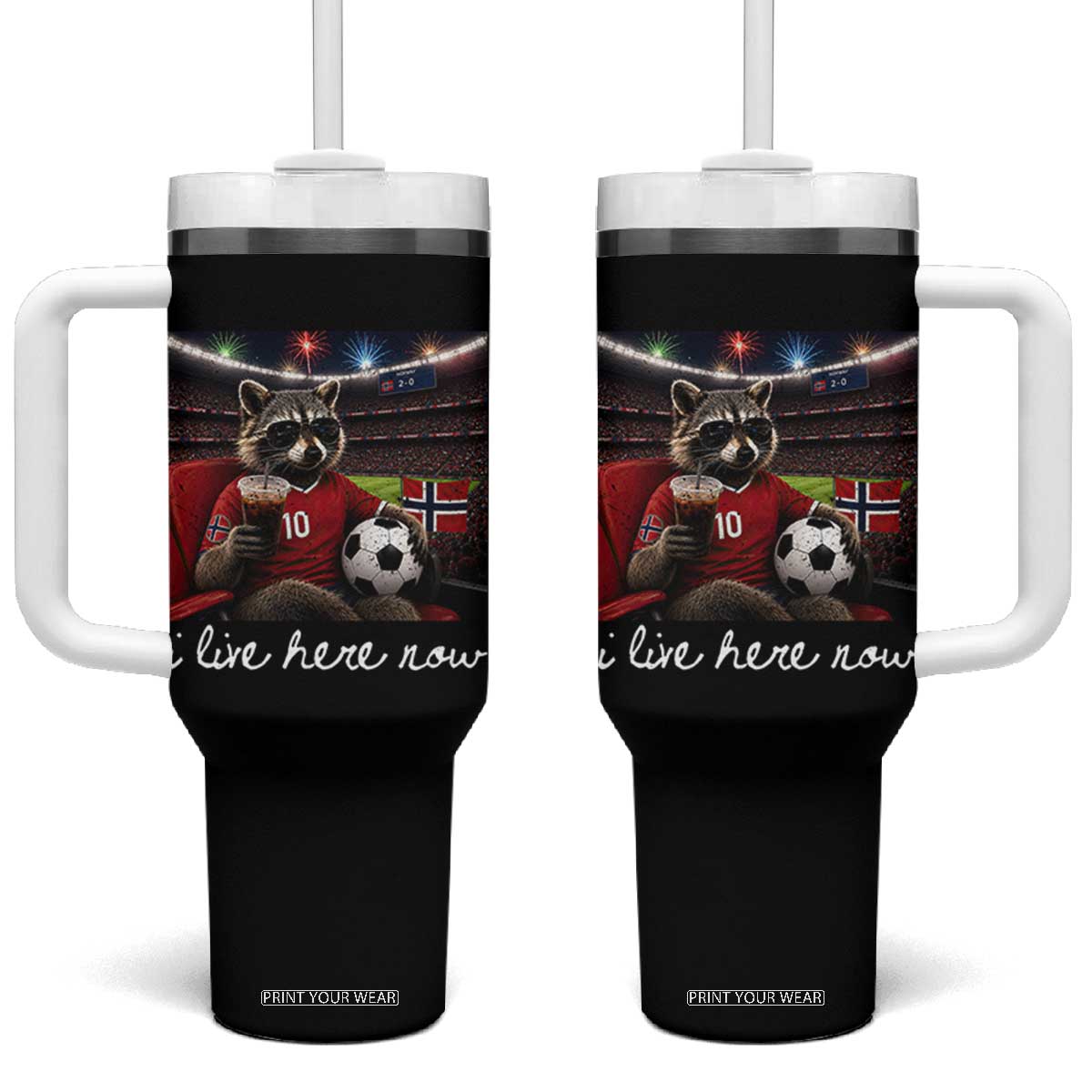 Norway Soccer Football Fan Norge Norwegian Flag Tumbler With Handle Funny Raccoon Drinking Iced Coffee TS14 One Size: 40 oz Black Print Your Wear