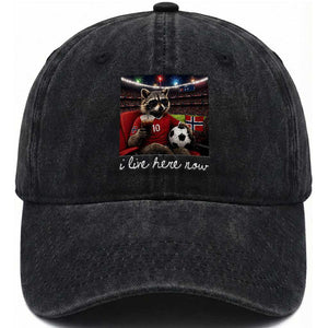 Norway Soccer Football Fan Norge Norwegian Flag Washed Cotton Baseball Cap Funny Raccoon Drinking Iced Coffee TS14 Print Your Wear