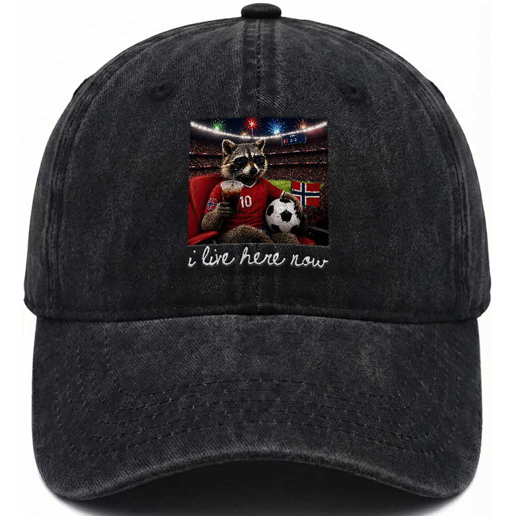 Norway Soccer Football Fan Norge Norwegian Flag Washed Cotton Baseball Cap Funny Raccoon Drinking Iced Coffee TS14 Print Your Wear