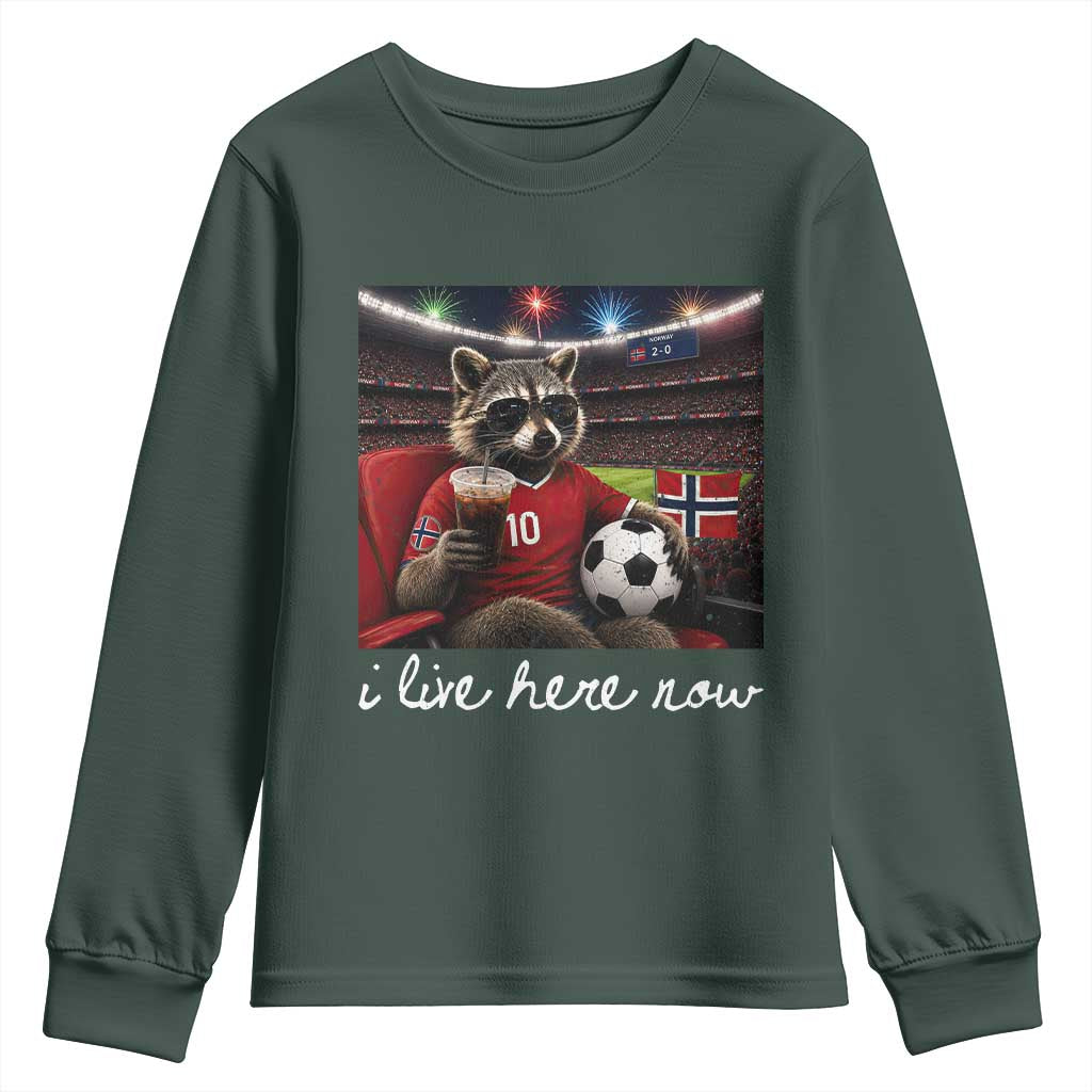 Norway Soccer Football Fan Norge Norwegian Flag Youth Sweatshirt Funny Raccoon Drinking Iced Coffee TS14 Dark Forest Green Print Your Wear