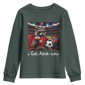 Norway Soccer Football Fan Norge Norwegian Flag Youth Sweatshirt Funny Raccoon Drinking Iced Coffee TS14 Dark Forest Green Print Your Wear