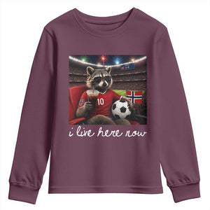 Norway Soccer Football Fan Norge Norwegian Flag Youth Sweatshirt Funny Raccoon Drinking Iced Coffee TS14 Maroon Print Your Wear