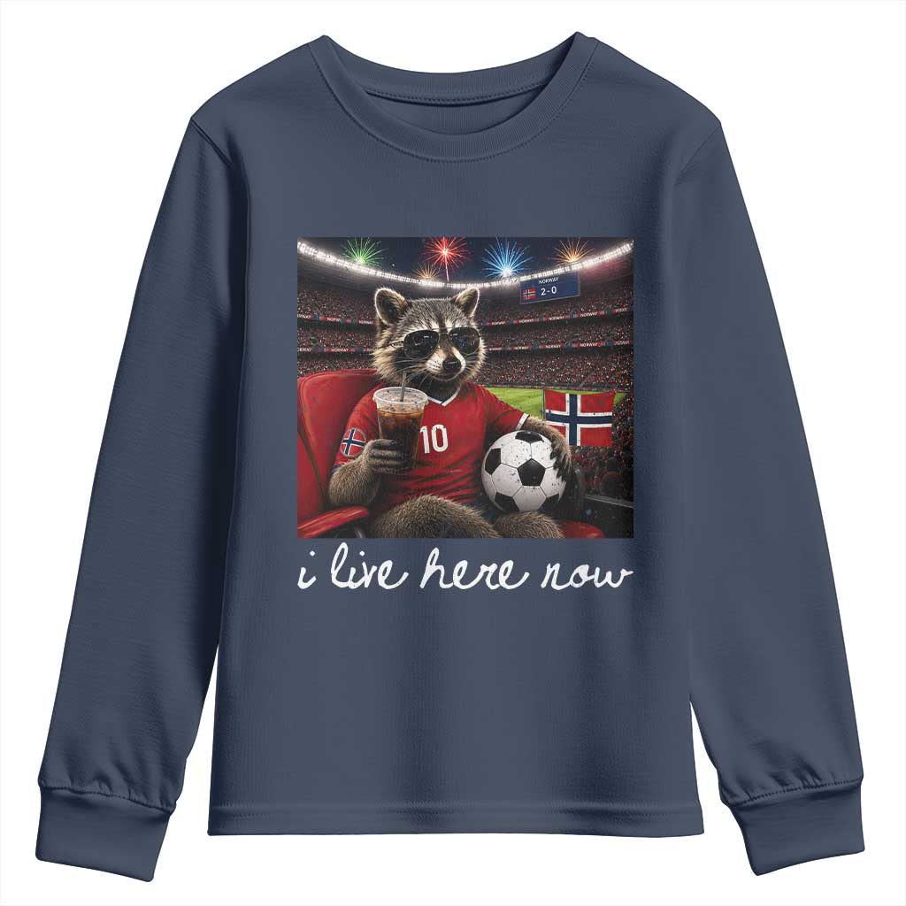 Norway Soccer Football Fan Norge Norwegian Flag Youth Sweatshirt Funny Raccoon Drinking Iced Coffee TS14 Navy Print Your Wear
