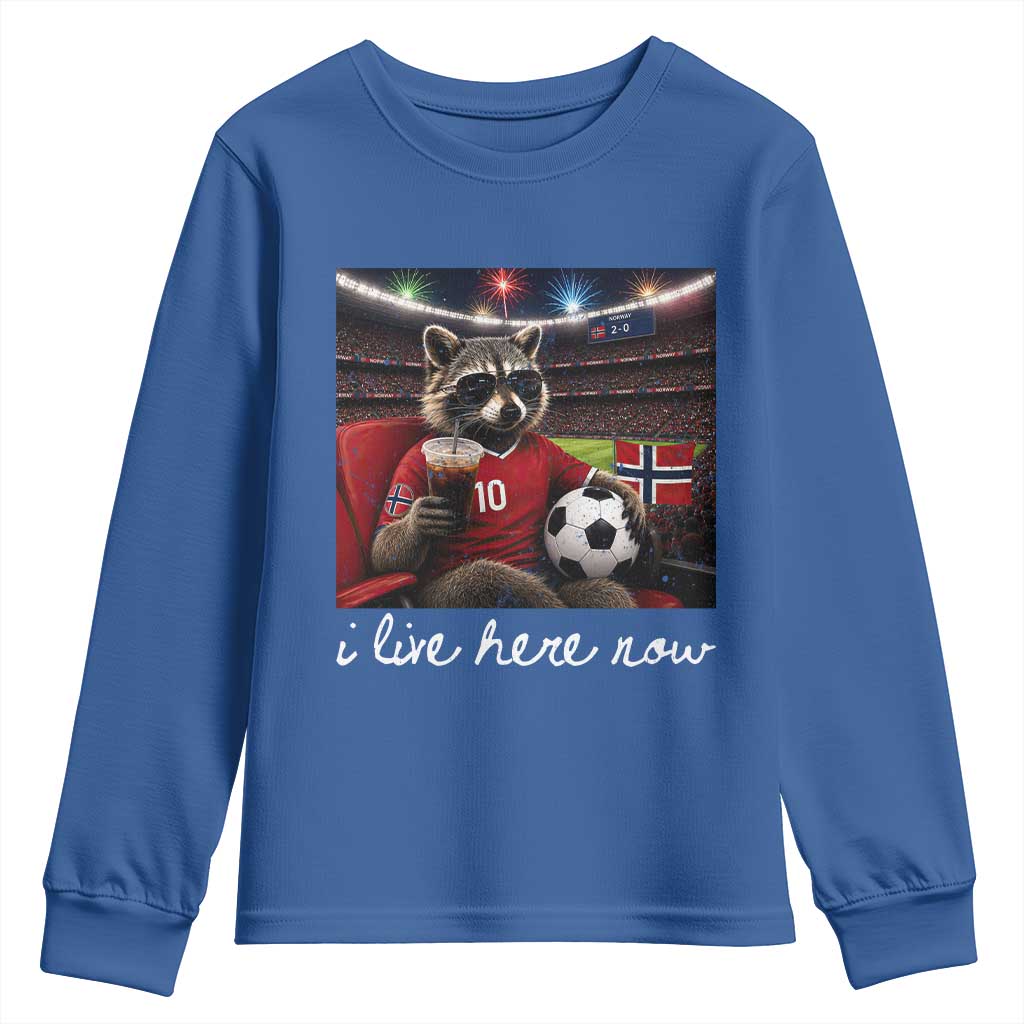 Norway Soccer Football Fan Norge Norwegian Flag Youth Sweatshirt Funny Raccoon Drinking Iced Coffee TS14 Royal Blue Print Your Wear