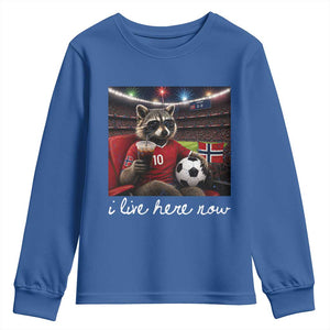Norway Soccer Football Fan Norge Norwegian Flag Youth Sweatshirt Funny Raccoon Drinking Iced Coffee TS14 Royal Blue Print Your Wear