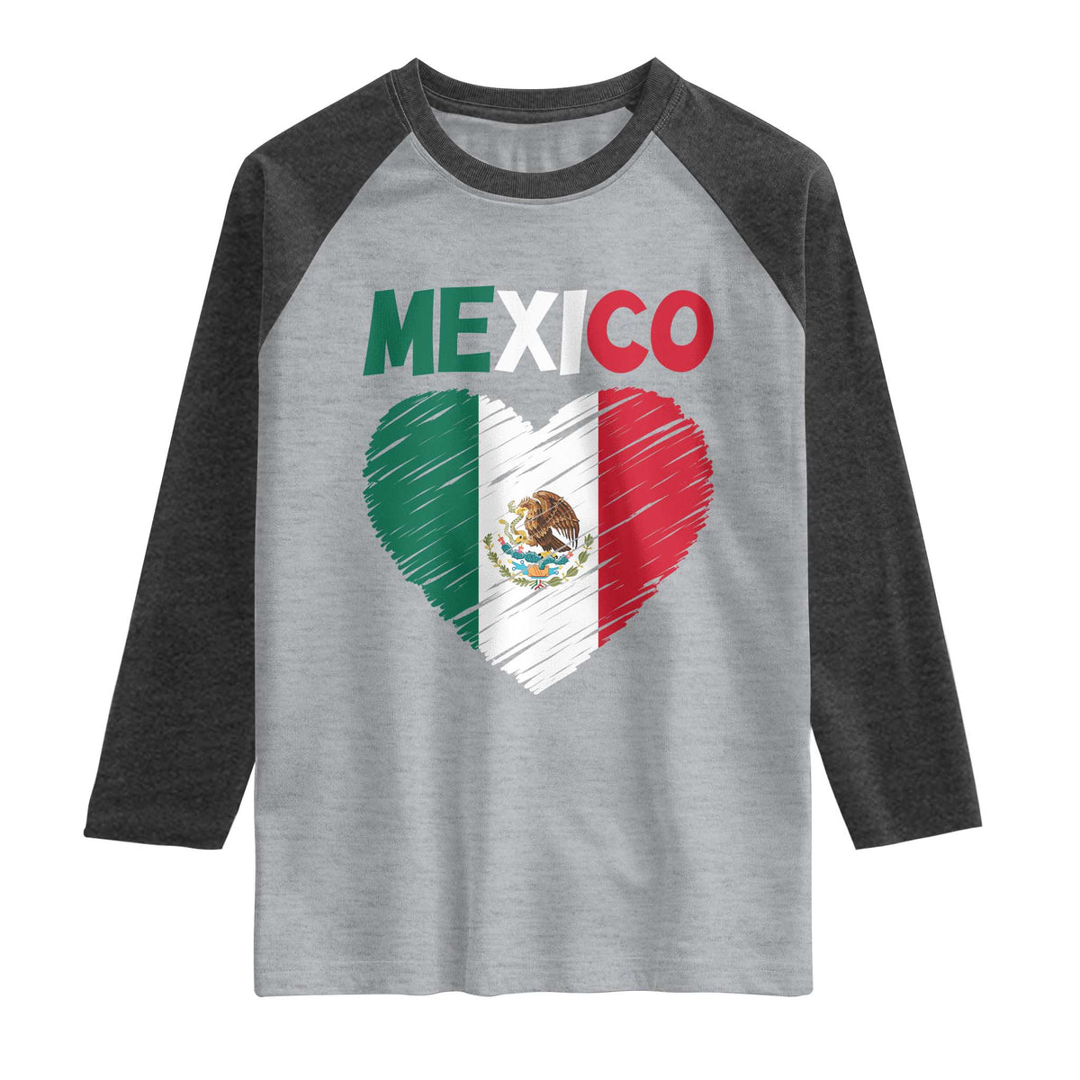 Mexican Flag Heart Mexico City Independence Day Gift Raglan Shirt TS14 Heather Gray Heather Charcoal Print Your Wear