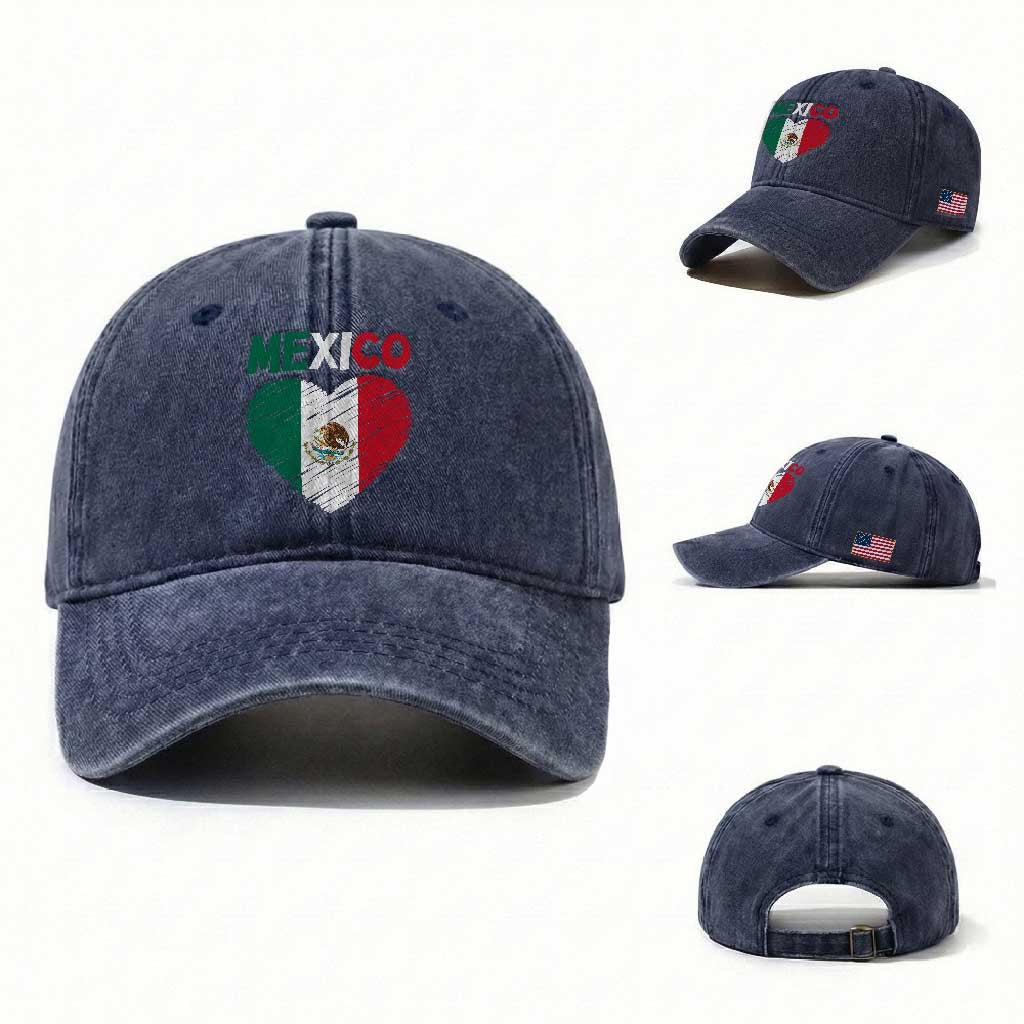 Mexican Flag Heart Mexico City Independence Day Gift Washed Cotton Baseball Cap TS14 Washed Cap Universal Fit Navy Print Your Wear