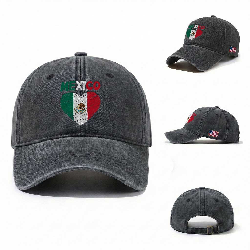 Mexican Flag Heart Mexico City Independence Day Gift Washed Cotton Baseball Cap TS14 Washed Cap Universal Fit Dark Gray Print Your Wear