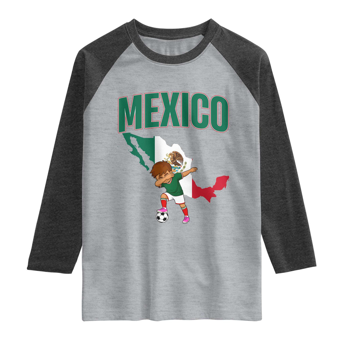 Mexico Soccer Boy Dabbing Boy Mexican Flag Map Raglan Shirt TS14 Heather Gray Heather Charcoal Print Your Wear