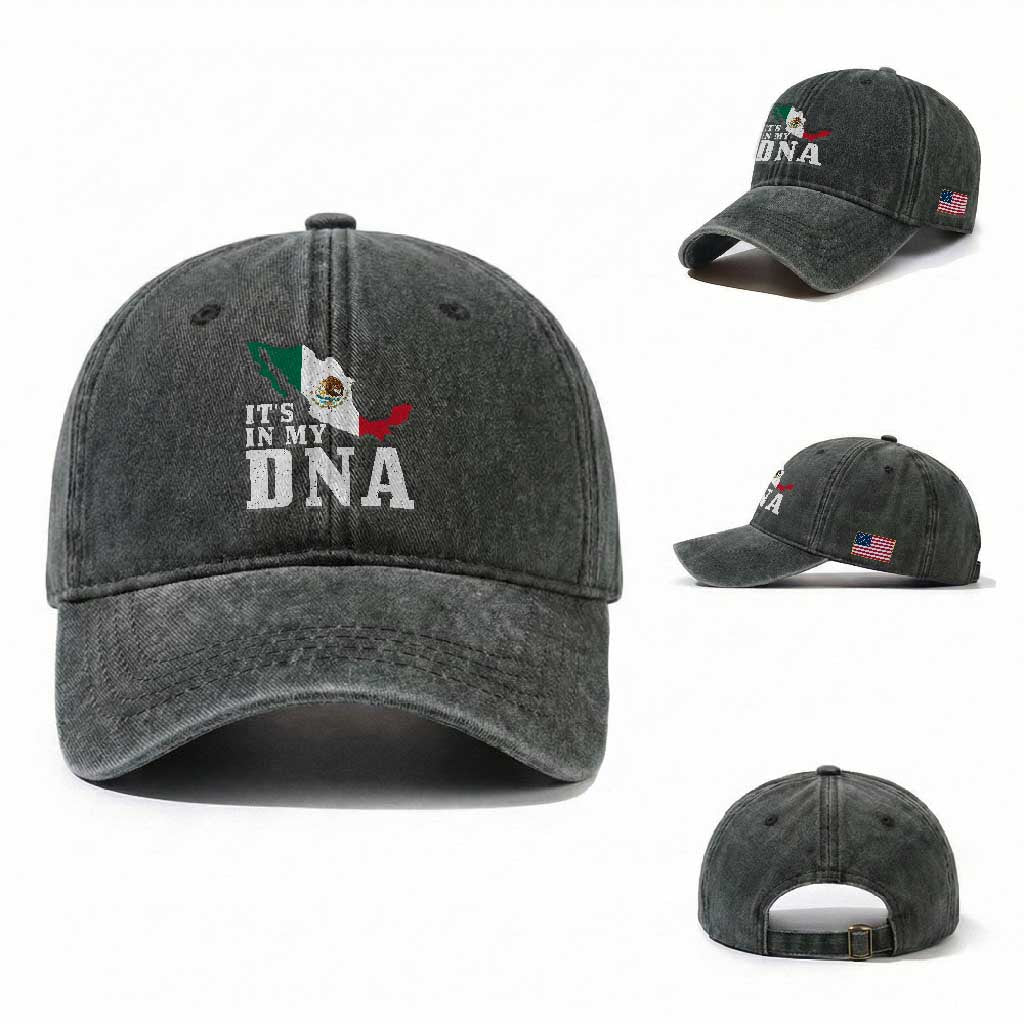 It's in My DNA Mexican Proud Hispanic Gift Mexico Flag Washed Cotton Baseball Cap TS14 Washed Cap Universal Fit Dark Green Print Your Wear