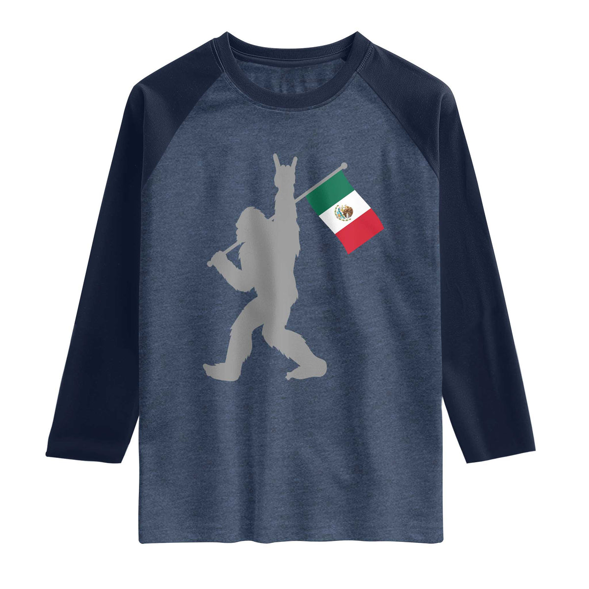 Bigfoot Rock On Hold Mexico Flag Sasquatch Believers Raglan Shirt TS14 Heather Denim Navy Print Your Wear