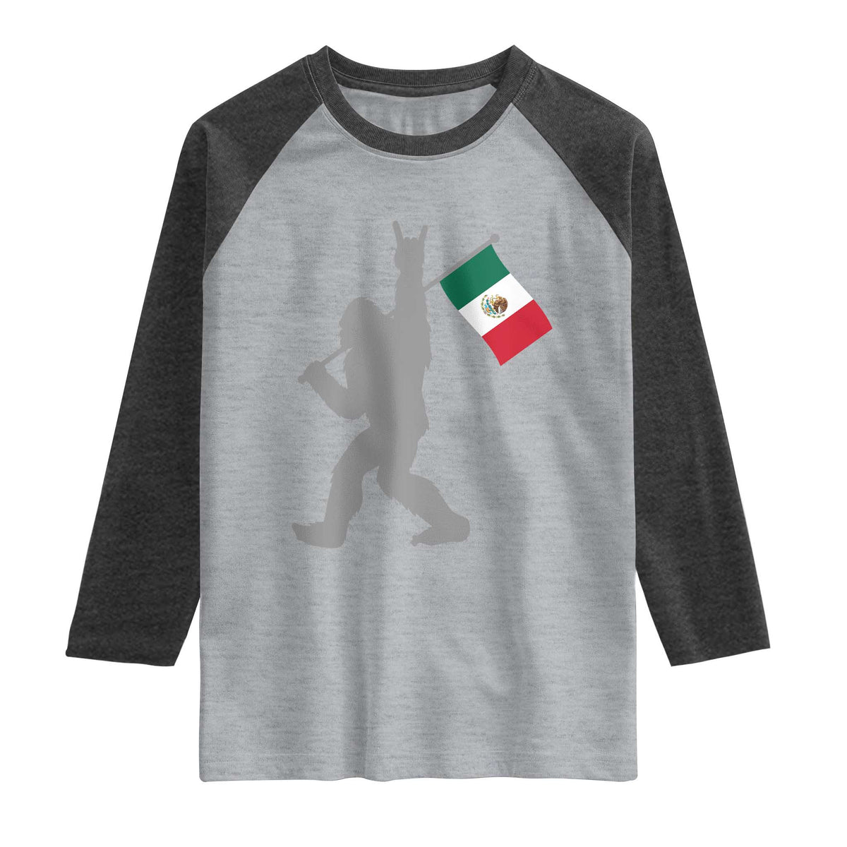 Bigfoot Rock On Hold Mexico Flag Sasquatch Believers Raglan Shirt TS14 Heather Gray Heather Charcoal Print Your Wear