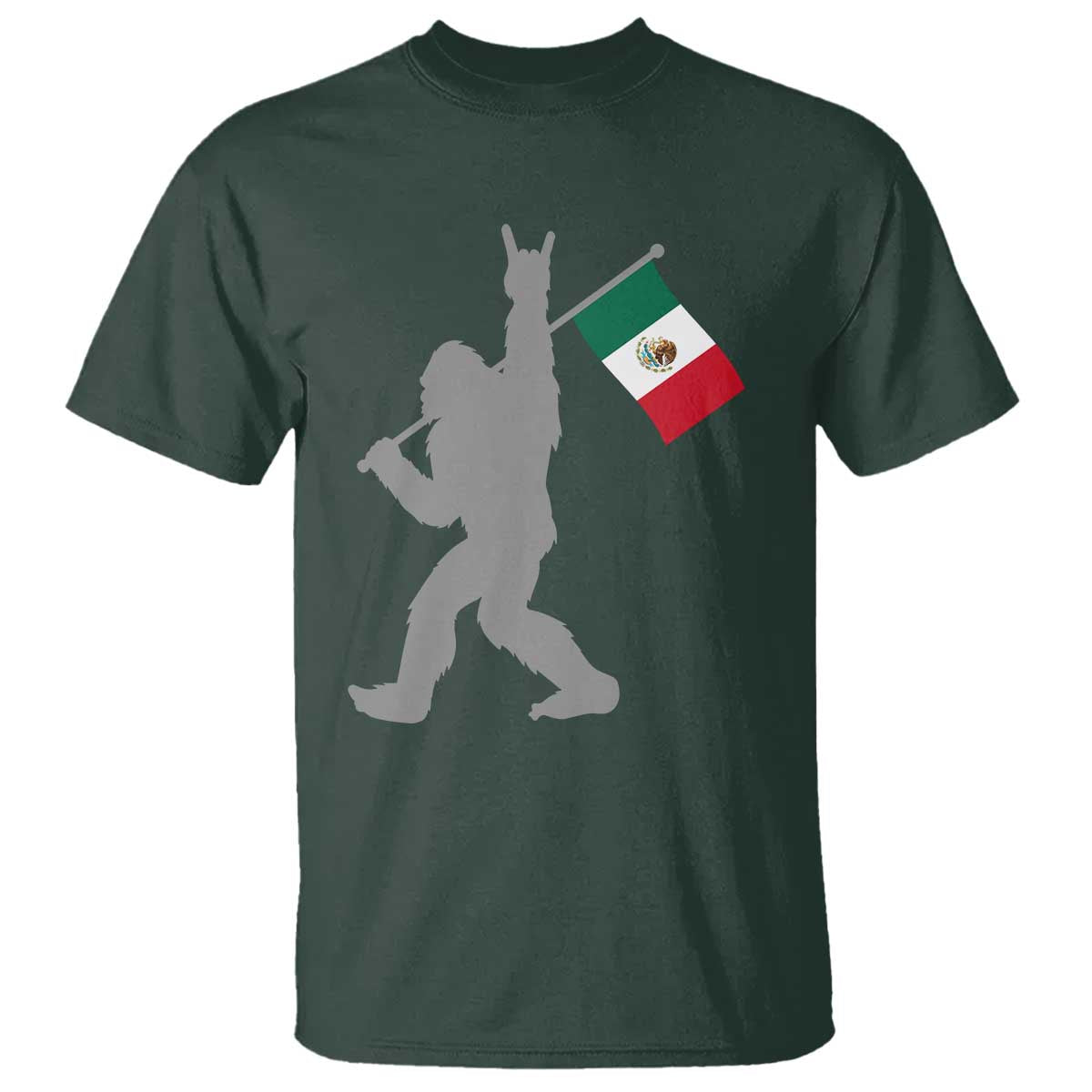 Bigfoot Rock On Hold Mexico Flag Sasquatch Believers T Shirt TS14 Dark Forest Green Print Your Wear