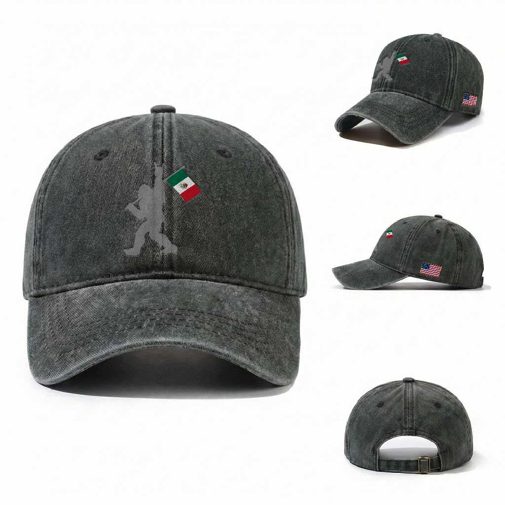 Bigfoot Rock On Hold Mexico Flag Sasquatch Believers Washed Cotton Baseball Cap TS14 Washed Cap Universal Fit Dark Green Print Your Wear