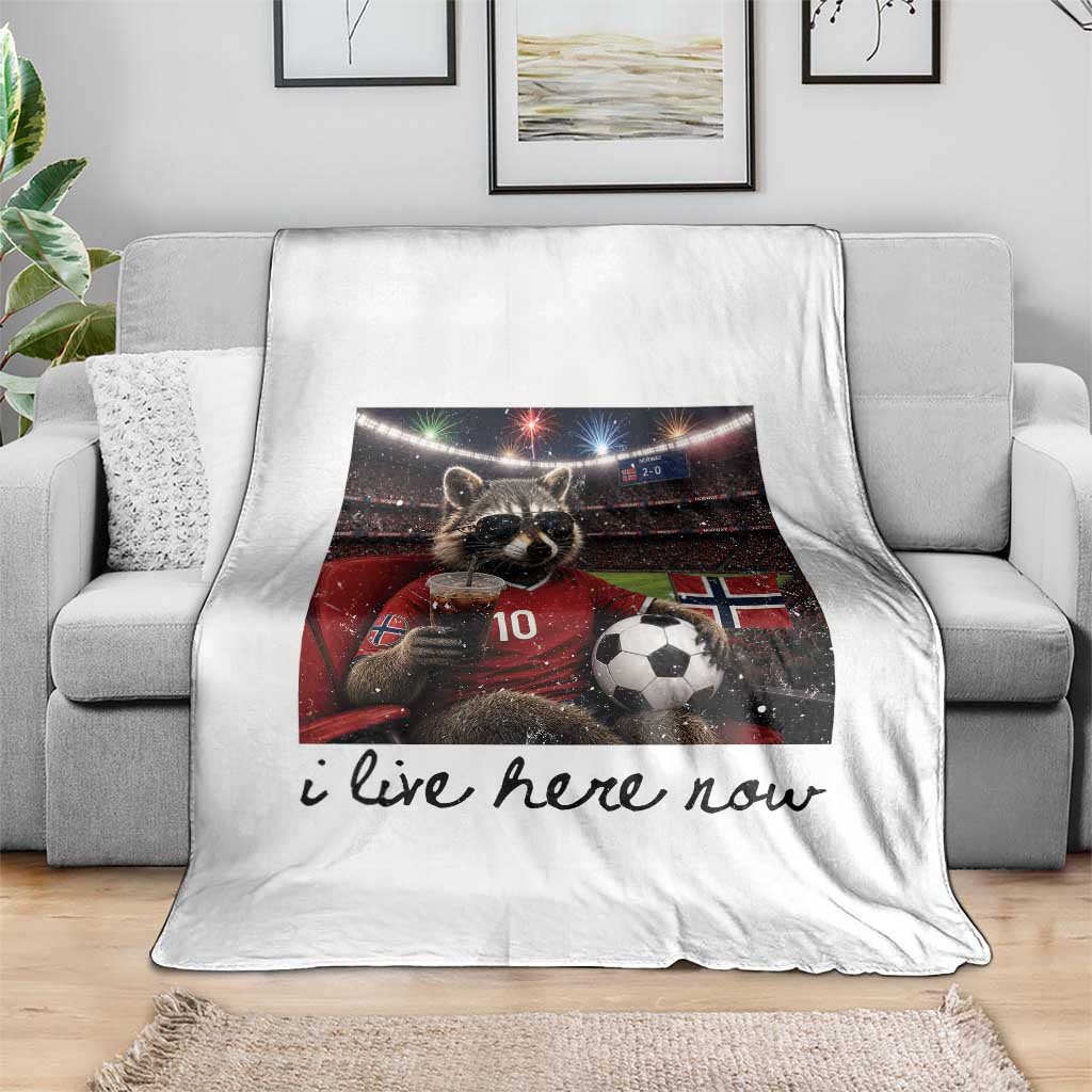 Norway Soccer Football Fan Norge Norwegian Flag Throw Blanket Funny Raccoon I Live Here Now TS14 Print Your Wear