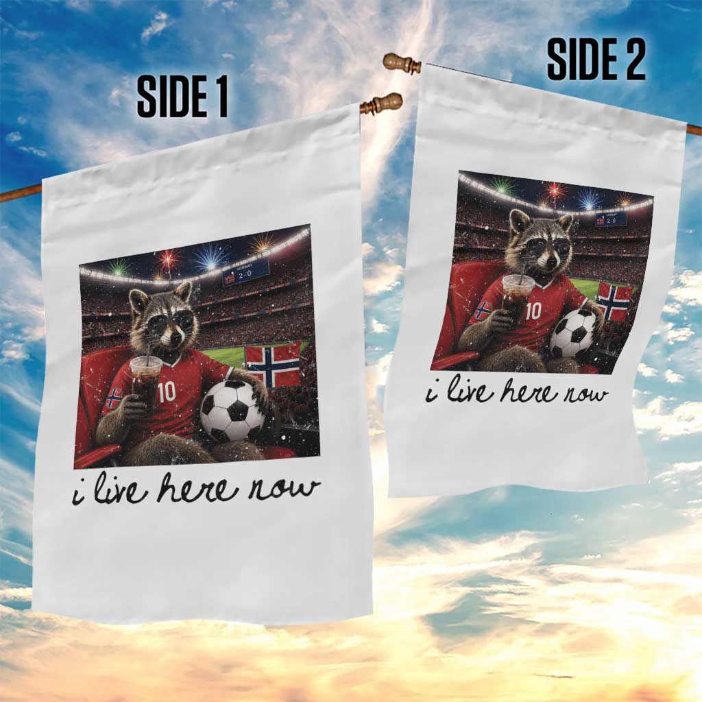 Norway Soccer Football Fan Norge Norwegian Flag Garden Flag Funny Raccoon I Live Here Now TS14 Print Your Wear