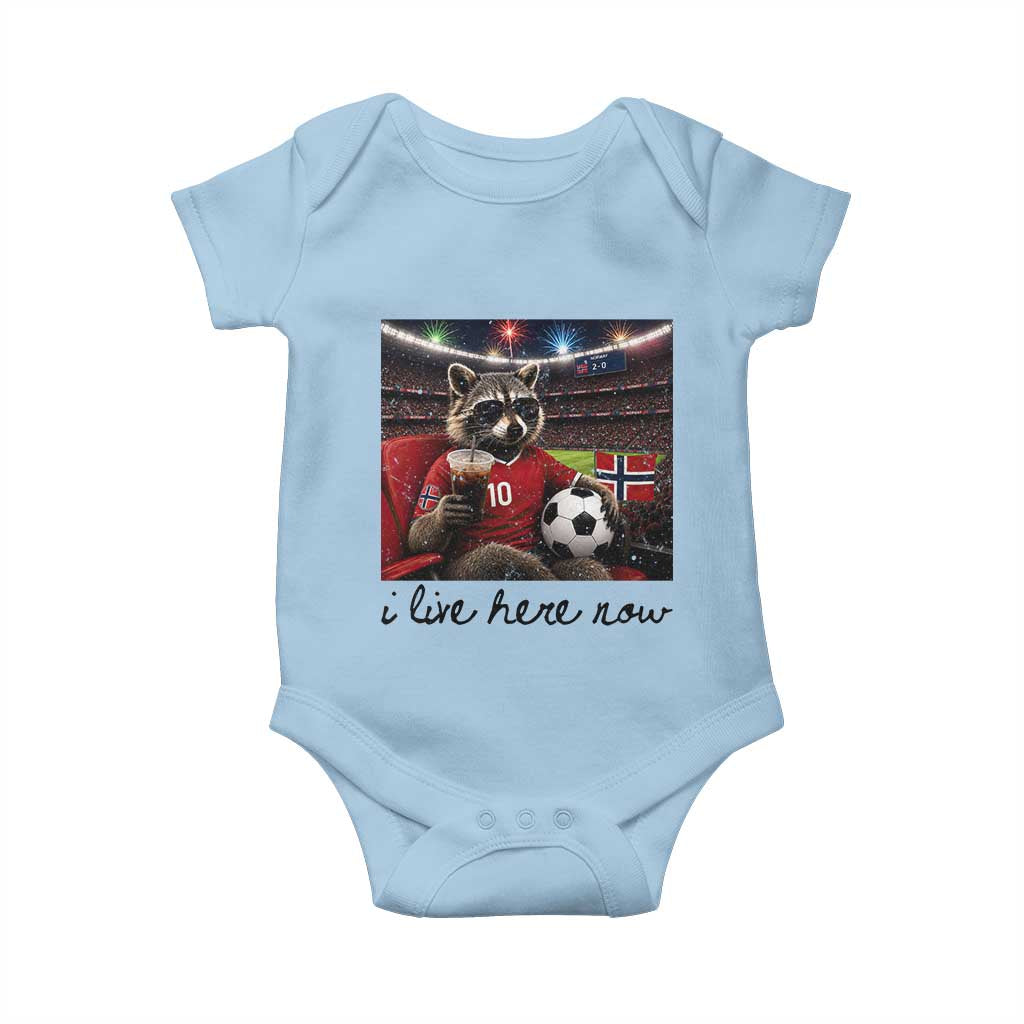 Norway Soccer Football Fan Norge Norwegian Flag Baby Onesie Funny Raccoon I Live Here Now TS14 Light Blue Print Your Wear