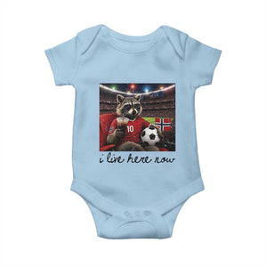 Norway Soccer Football Fan Norge Norwegian Flag Baby Onesie Funny Raccoon I Live Here Now TS14 Light Blue Print Your Wear