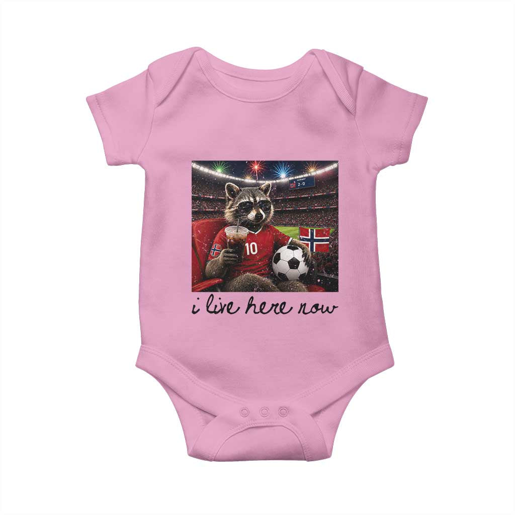Norway Soccer Football Fan Norge Norwegian Flag Baby Onesie Funny Raccoon I Live Here Now TS14 Light Pink Print Your Wear