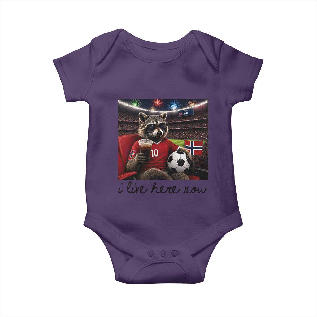 Norway Soccer Football Fan Norge Norwegian Flag Baby Onesie Funny Raccoon I Live Here Now TS14 Purple Print Your Wear