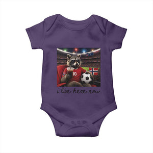 Norway Soccer Football Fan Norge Norwegian Flag Baby Onesie Funny Raccoon I Live Here Now TS14 Purple Print Your Wear