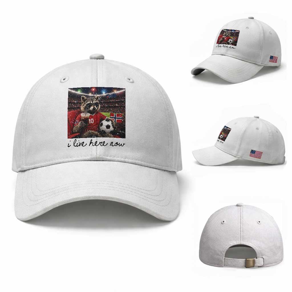 Norway Soccer Football Fan Norge Norwegian Flag Baseball Cap Funny Raccoon I Live Here Now TS14 Baseball Cap Universal Fit White Print Your Wear
