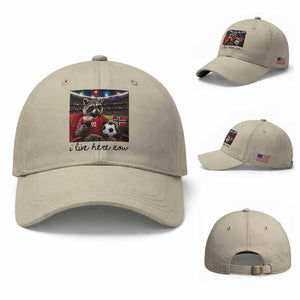 Norway Soccer Football Fan Norge Norwegian Flag Baseball Cap Funny Raccoon I Live Here Now TS14 Baseball Cap Universal Fit Beige Print Your Wear