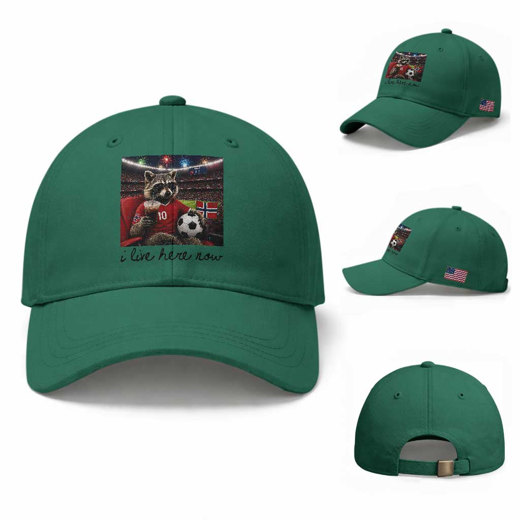 Norway Soccer Football Fan Norge Norwegian Flag Baseball Cap Funny Raccoon I Live Here Now TS14 Baseball Cap Universal Fit Irish Green Print Your Wear