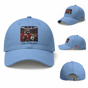 Norway Soccer Football Fan Norge Norwegian Flag Baseball Cap Funny Raccoon I Live Here Now TS14 Baseball Cap Universal Fit Light Blue Print Your Wear