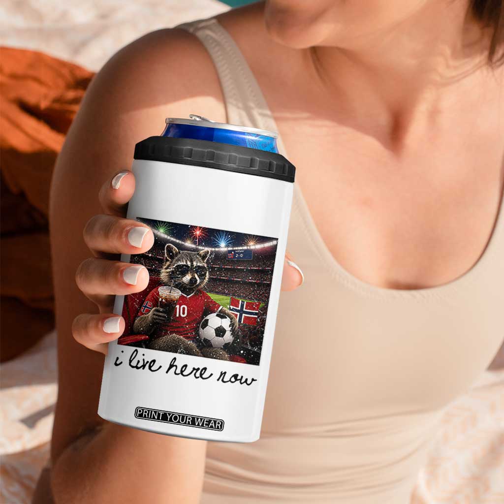 Norway Soccer Football Fan Norge Norwegian Flag 4 in 1 Can Cooler Tumbler Funny Raccoon I Live Here Now TS14 Print Your Wear