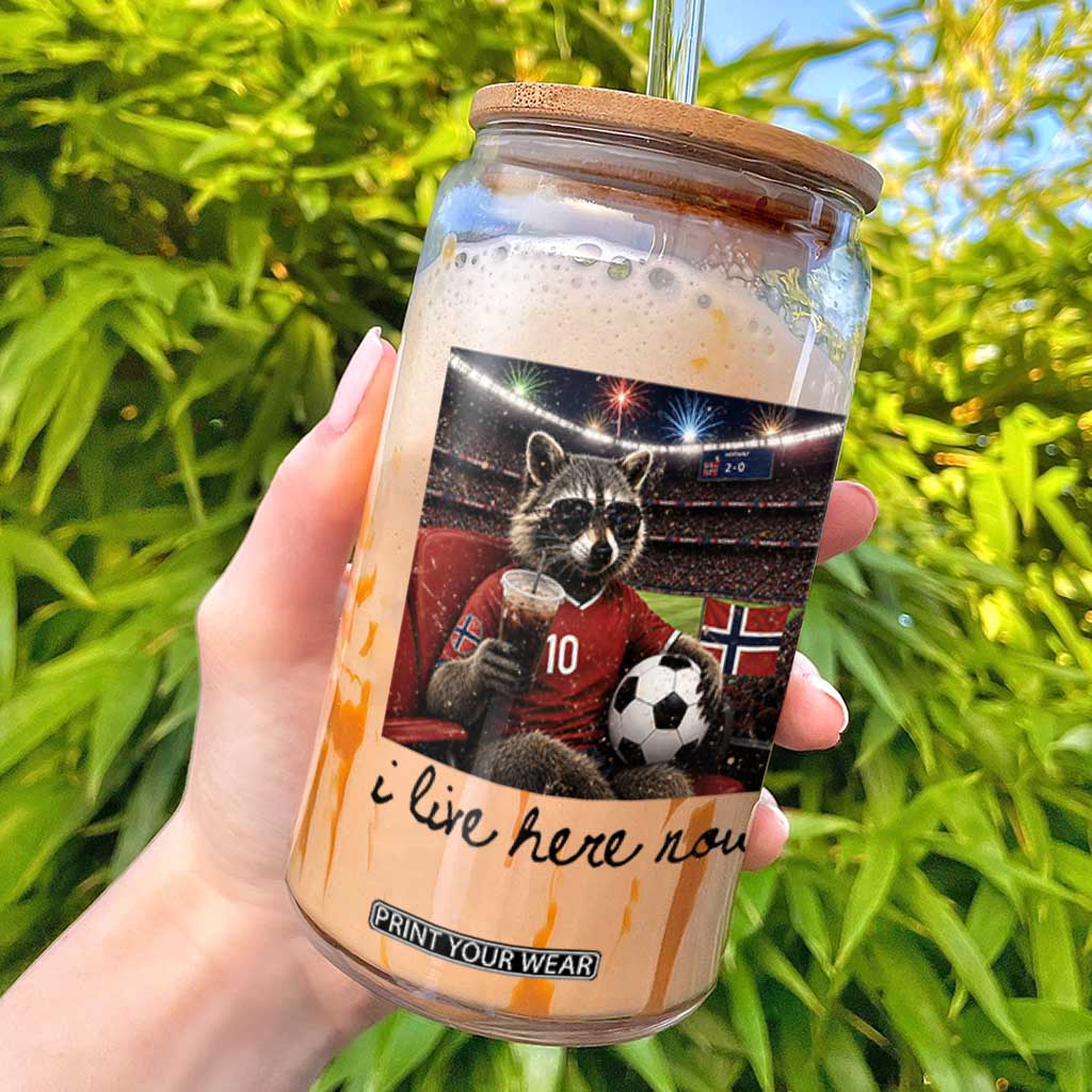 Norway Soccer Football Fan Norge Norwegian Flag Glass Can Funny Raccoon I Live Here Now TS14 White Print Your Wear
