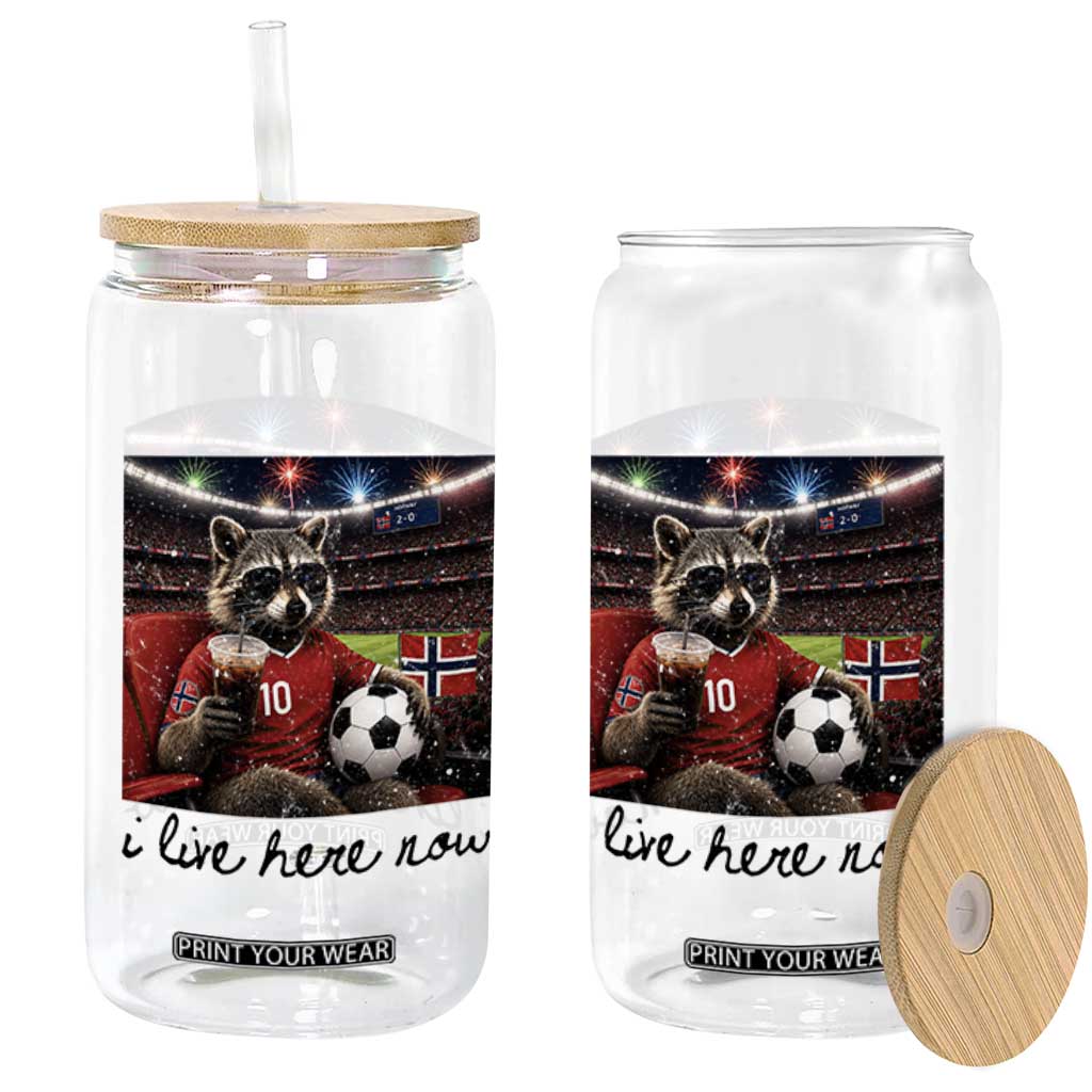 Norway Soccer Football Fan Norge Norwegian Flag Glass Can Funny Raccoon I Live Here Now TS14 Print Your Wear