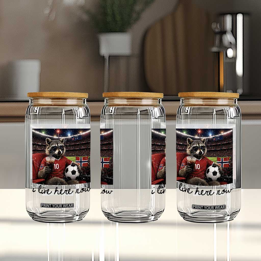 Norway Soccer Football Fan Norge Norwegian Flag Glass Can Funny Raccoon I Live Here Now TS14 Print Your Wear