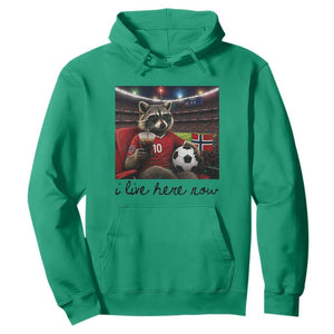 Norway Soccer Football Fan Norge Norwegian Flag Hoodie Funny Raccoon I Live Here Now TS14 Irish Green Print Your Wear