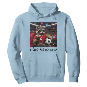 Norway Soccer Football Fan Norge Norwegian Flag Hoodie Funny Raccoon I Live Here Now TS14 Light Blue Print Your Wear
