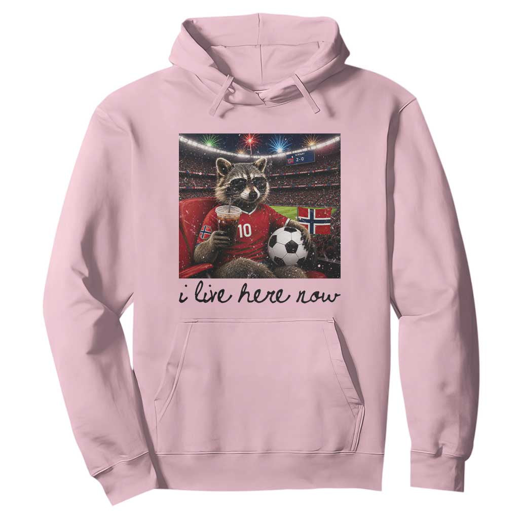 Norway Soccer Football Fan Norge Norwegian Flag Hoodie Funny Raccoon I Live Here Now TS14 Light Pink Print Your Wear