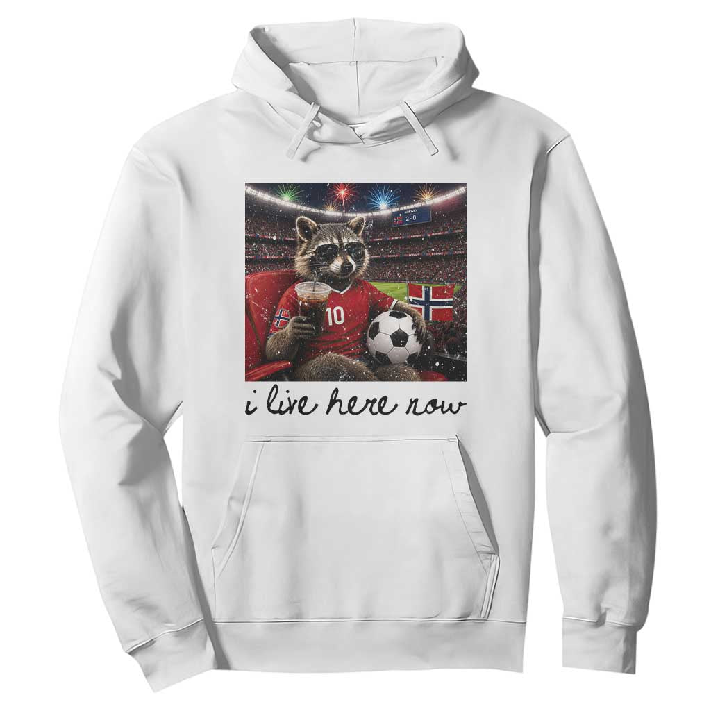 Norway Soccer Football Fan Norge Norwegian Flag Hoodie Funny Raccoon I Live Here Now TS14 White Print Your Wear