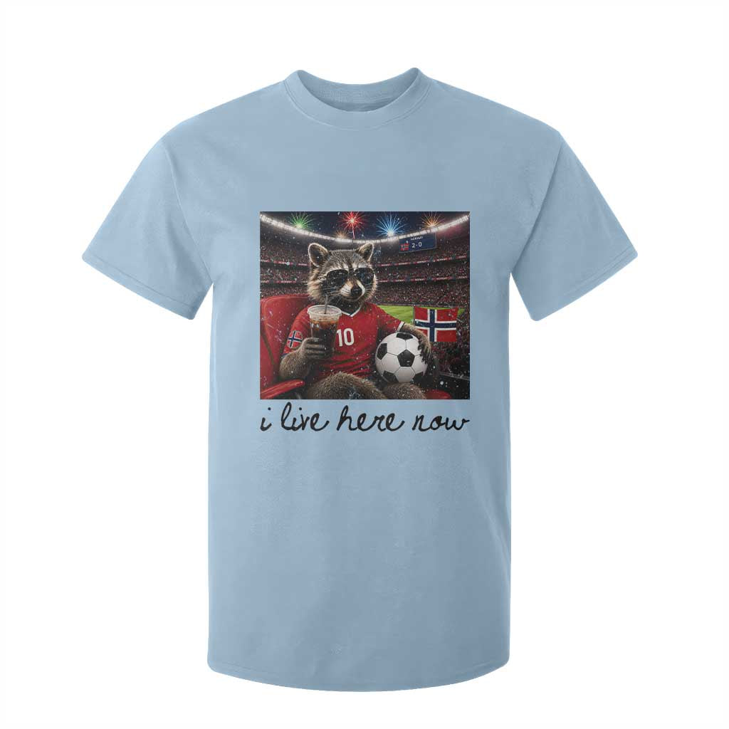 Norway Soccer Football Fan Norge Norwegian Flag T Shirt For Kid Funny Raccoon I Live Here Now TS14 Light Blue Print Your Wear