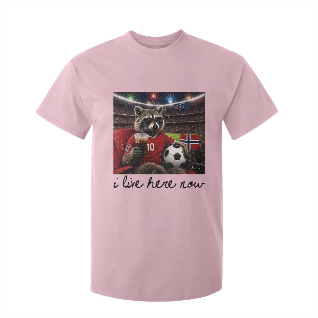 Norway Soccer Football Fan Norge Norwegian Flag T Shirt For Kid Funny Raccoon I Live Here Now TS14 Light Pink Print Your Wear