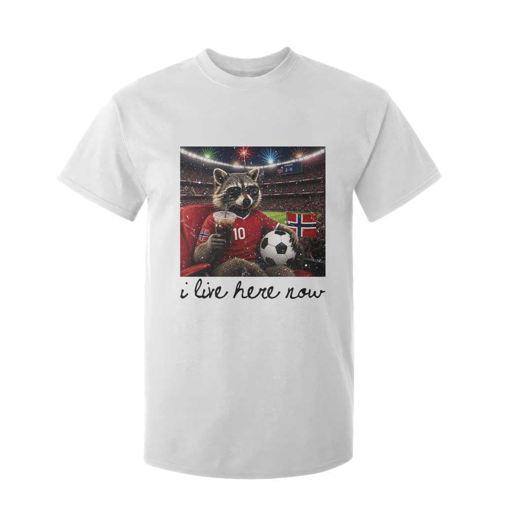 Norway Soccer Football Fan Norge Norwegian Flag T Shirt For Kid Funny Raccoon I Live Here Now TS14 White Print Your Wear