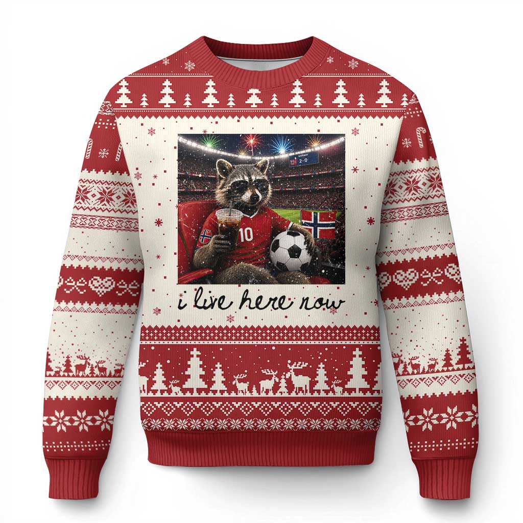 Norway Soccer Football Fan Norge Norwegian Flag Ugly Christmas Sweater Funny Raccoon I Live Here Now TS14 Beige Red Print Your Wear