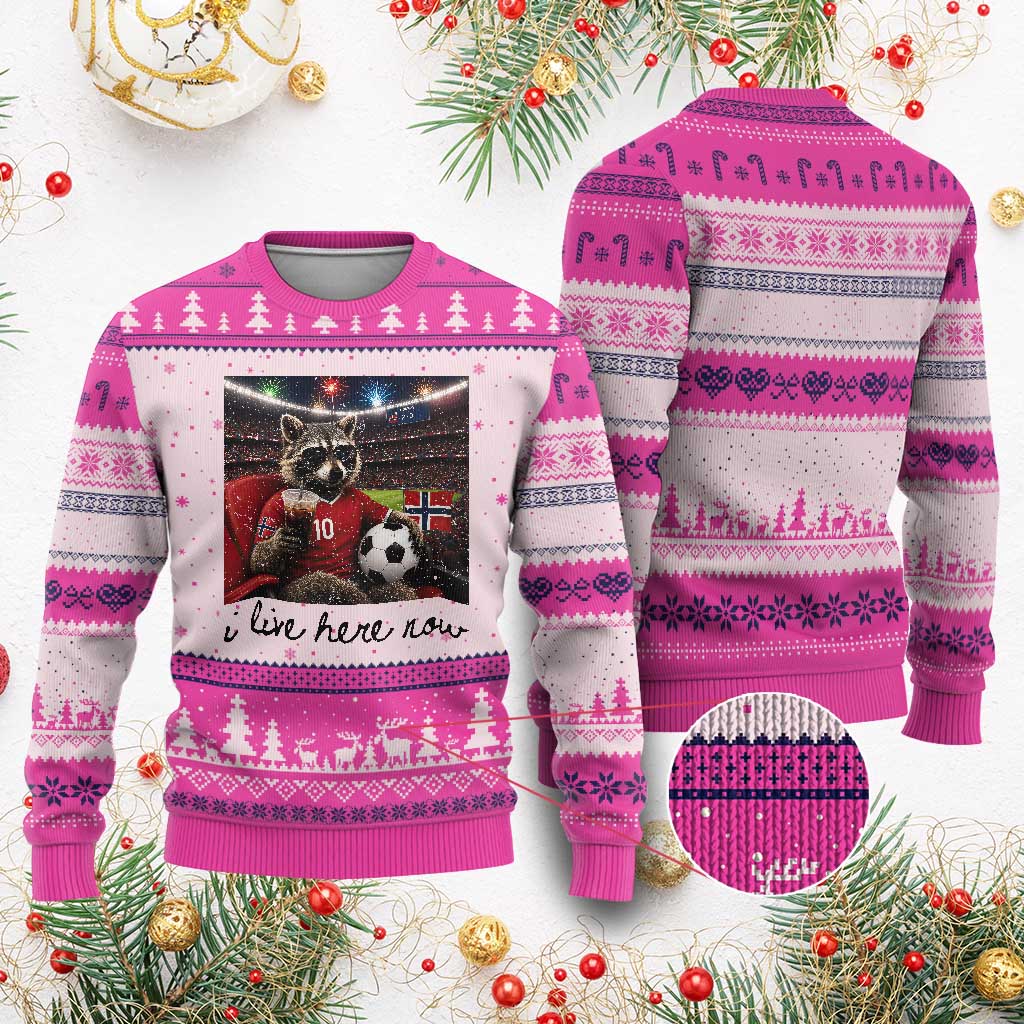 Norway Soccer Football Fan Norge Norwegian Flag Ugly Christmas Sweater Funny Raccoon I Live Here Now TS14 Print Your Wear