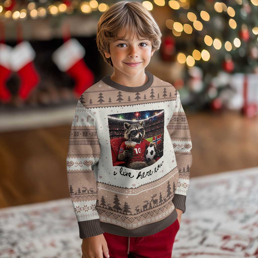 Norway Soccer Football Fan Norge Norwegian Flag Ugly Christmas Sweater Funny Raccoon I Live Here Now TS14 Print Your Wear