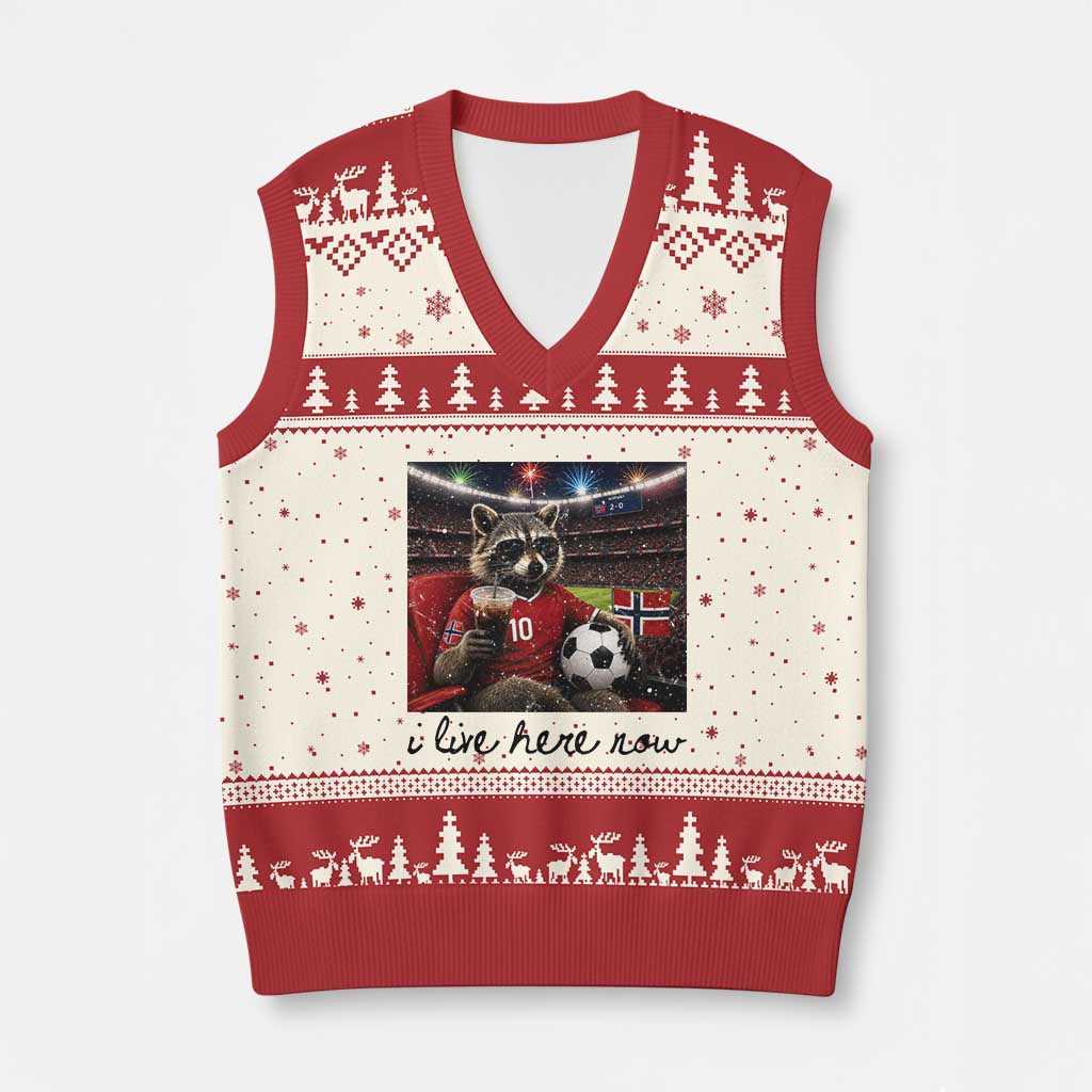 Norway Soccer Football Fan Norge Norwegian Flag V-Neck Knit Sweater Vest Funny Raccoon I Live Here Now TS14 Beige Red Print Your Wear