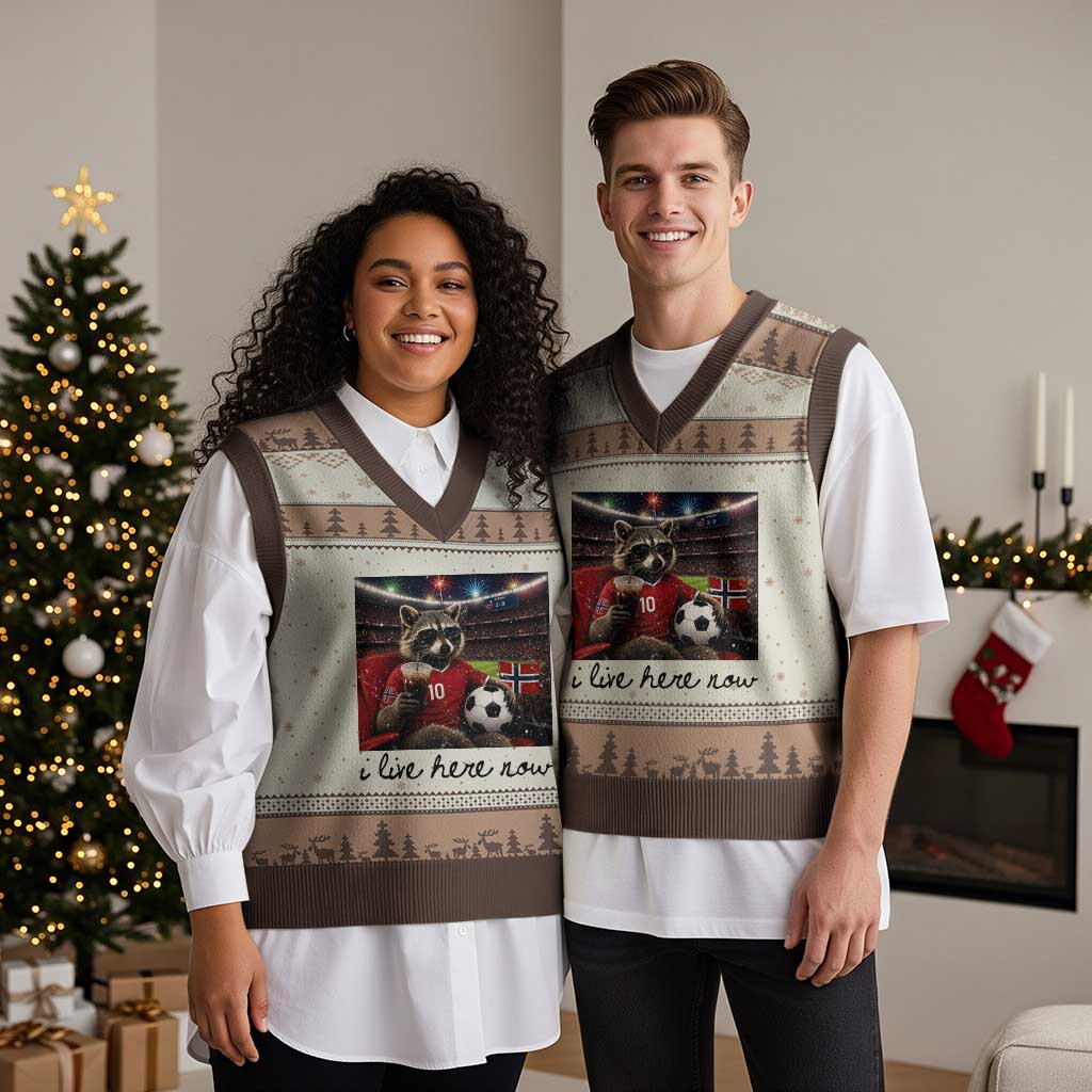 Norway Soccer Football Fan Norge Norwegian Flag V-Neck Knit Sweater Vest Funny Raccoon I Live Here Now TS14 Mocha Mousse Print Your Wear