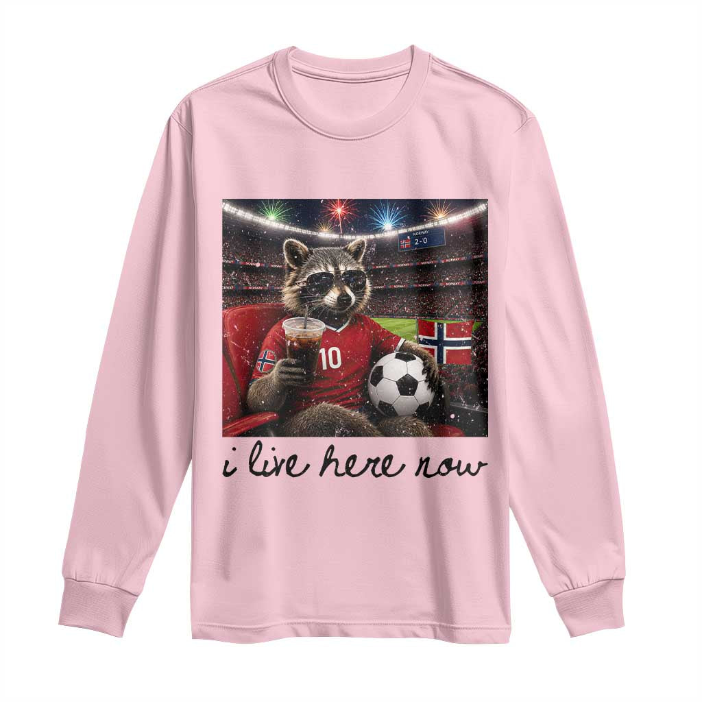 Norway Soccer Football Fan Norge Norwegian Flag Long Sleeve Shirt Funny Raccoon I Live Here Now TS14 Light Pink Print Your Wear
