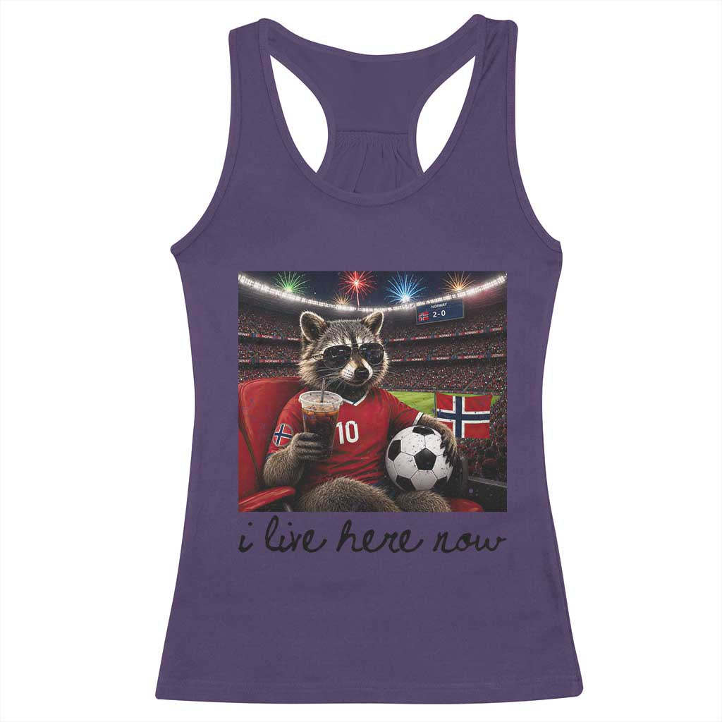 Norway Soccer Football Fan Norge Norwegian Flag Racerback Tank Top Funny Raccoon I Live Here Now TS14 Purple Print Your Wear