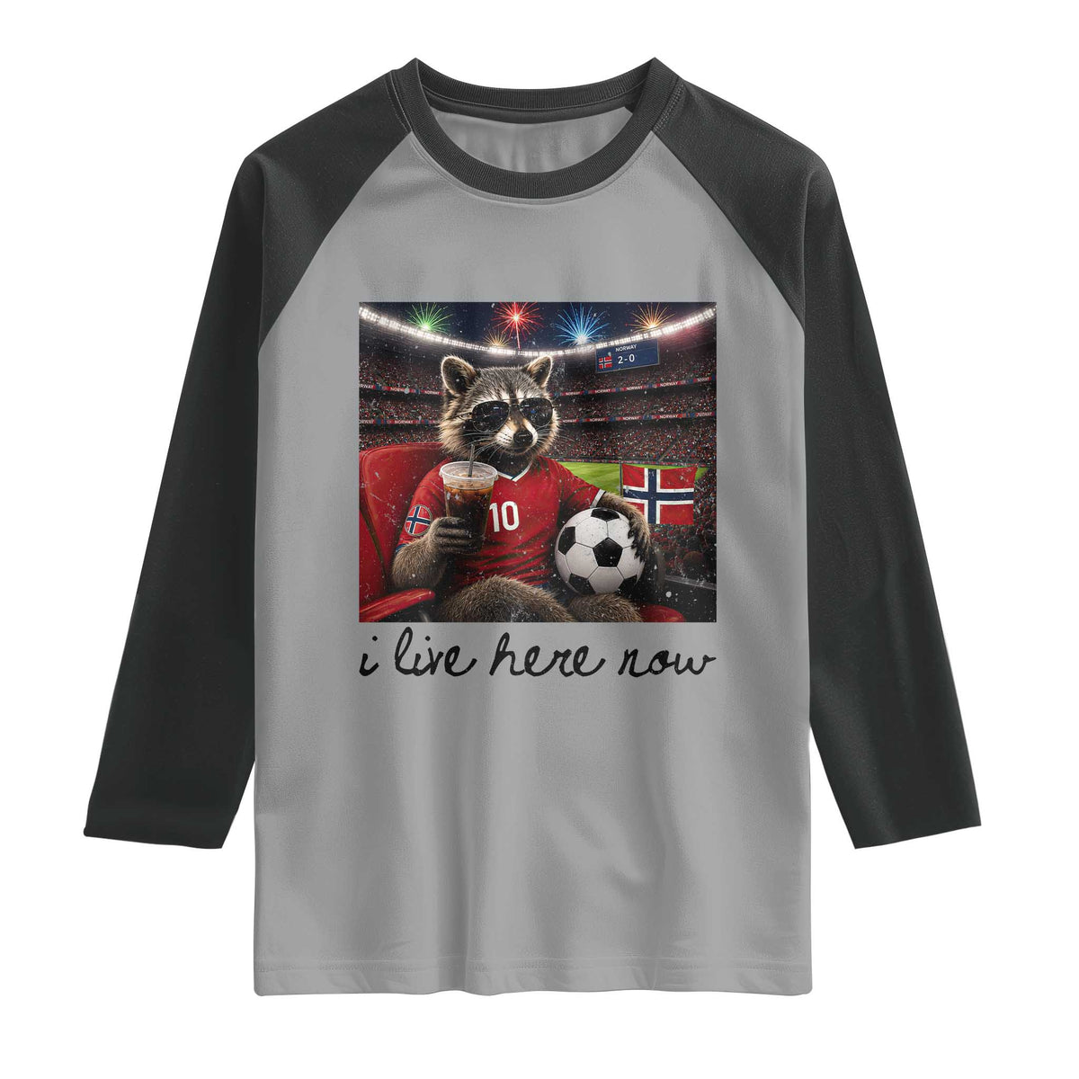Norway Soccer Football Fan Norge Norwegian Flag Raglan Shirt Funny Raccoon I Live Here Now TS14 Sport Gray Black Print Your Wear
