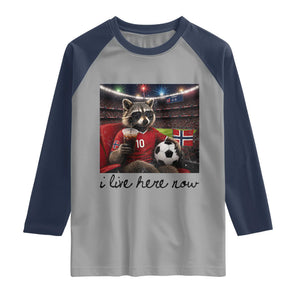 Norway Soccer Football Fan Norge Norwegian Flag Raglan Shirt Funny Raccoon I Live Here Now TS14 Sport Gray Navy Print Your Wear