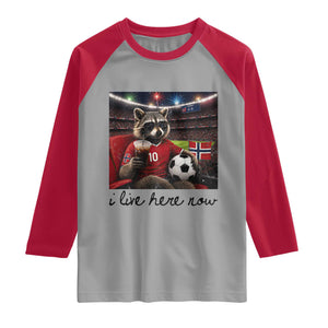 Norway Soccer Football Fan Norge Norwegian Flag Raglan Shirt Funny Raccoon I Live Here Now TS14 Sport Gray Red Print Your Wear